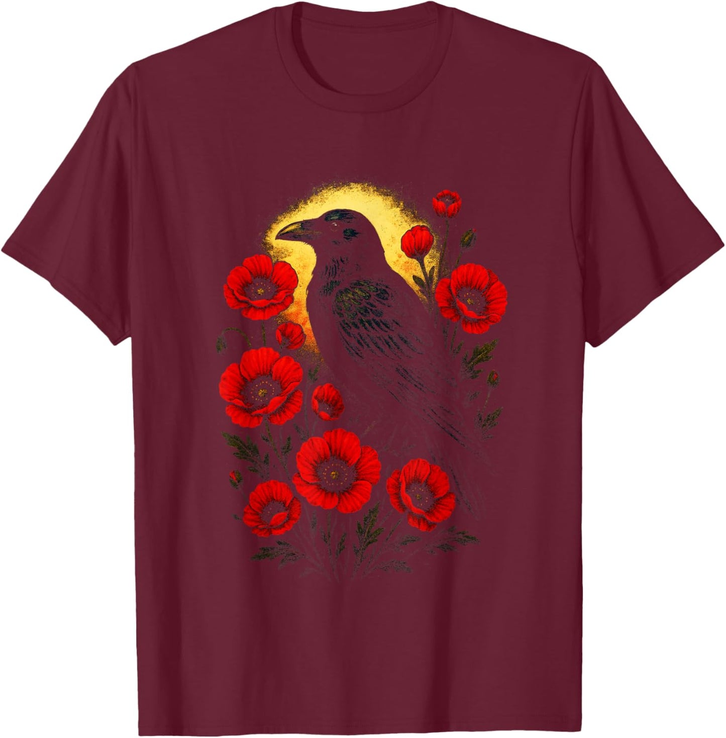 Gothic Raven and Roses - Vintage Enchanted Art T-Shirt - T-Shirt | Maroon