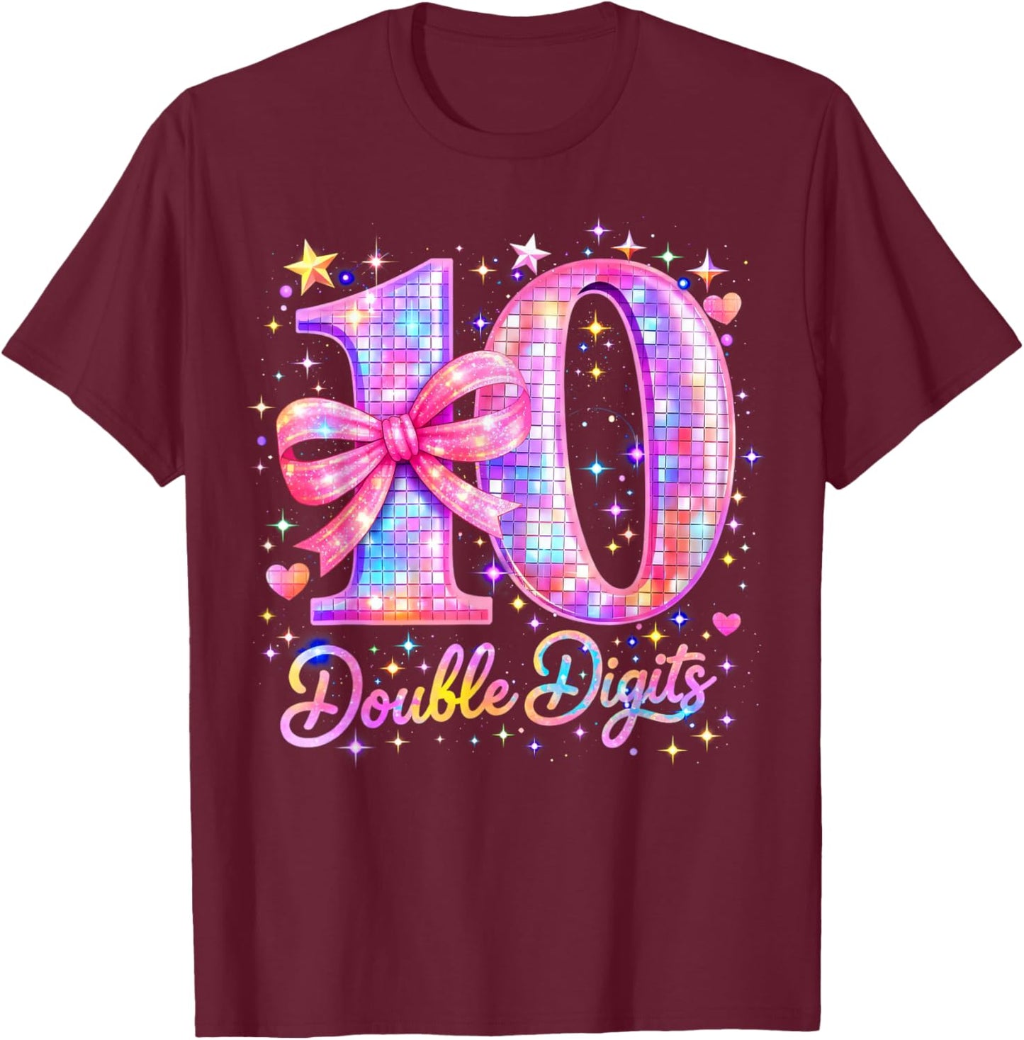 10th Birthday Girl Pink Coquette Bow 10 Year Old Disco Ball T-Shirt - T-Shirt | Maroon