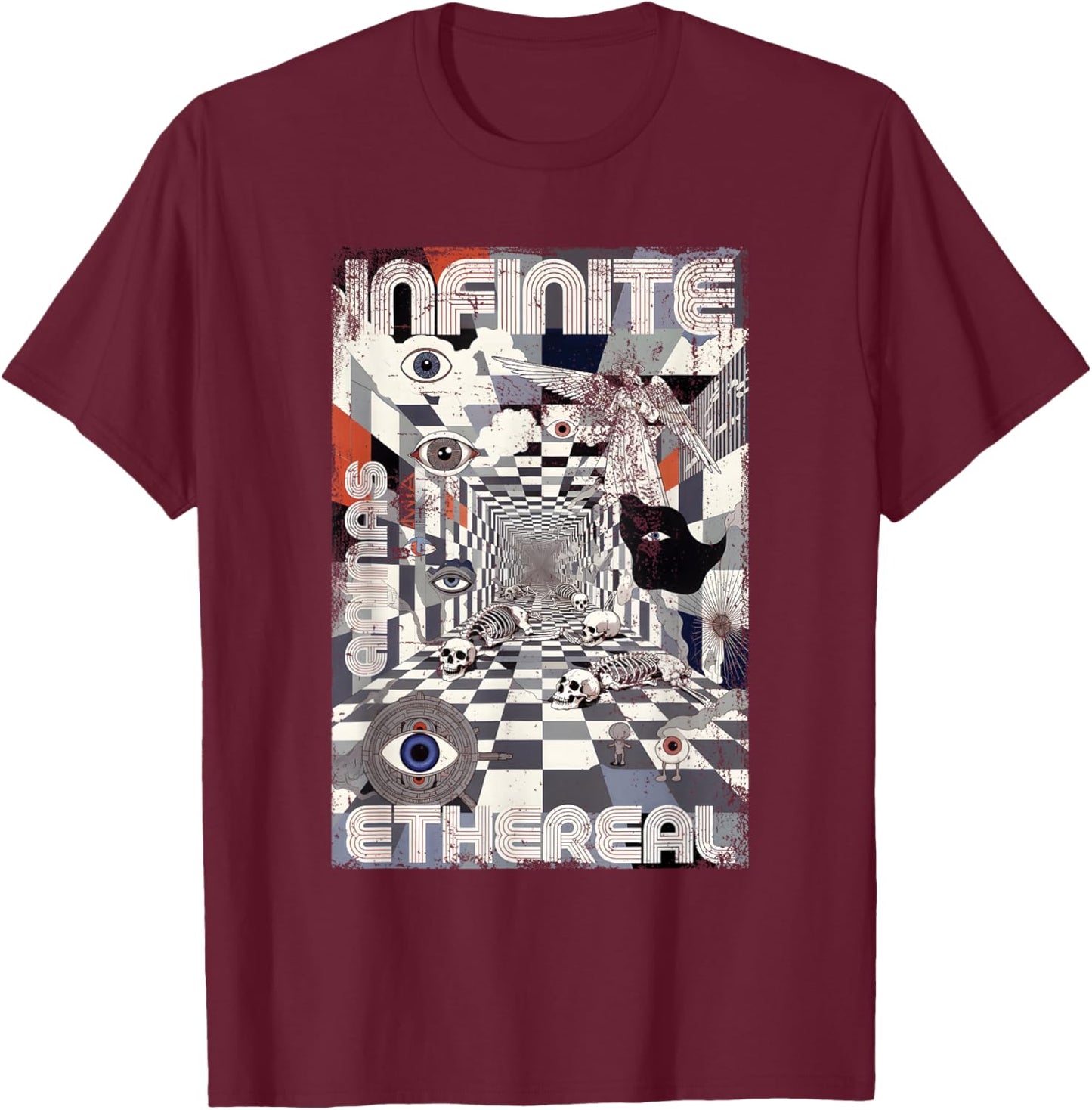 Weirdcore Eyes Skeleton Glitch Art Surreal Checkered Floor T-Shirt - T-Shirt | Maroon