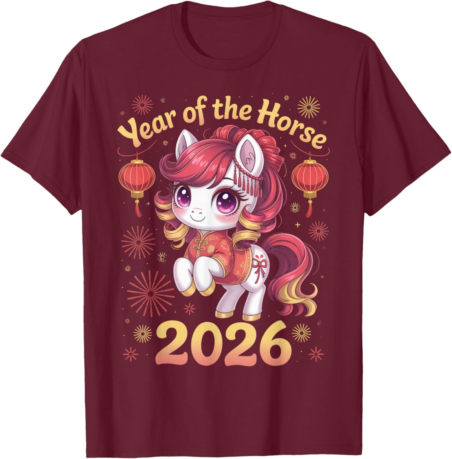 Cute Horse Zodiac Chinese Lunar New Year of The Horse 2026 T-Shirt - T-Shirt | Maroon