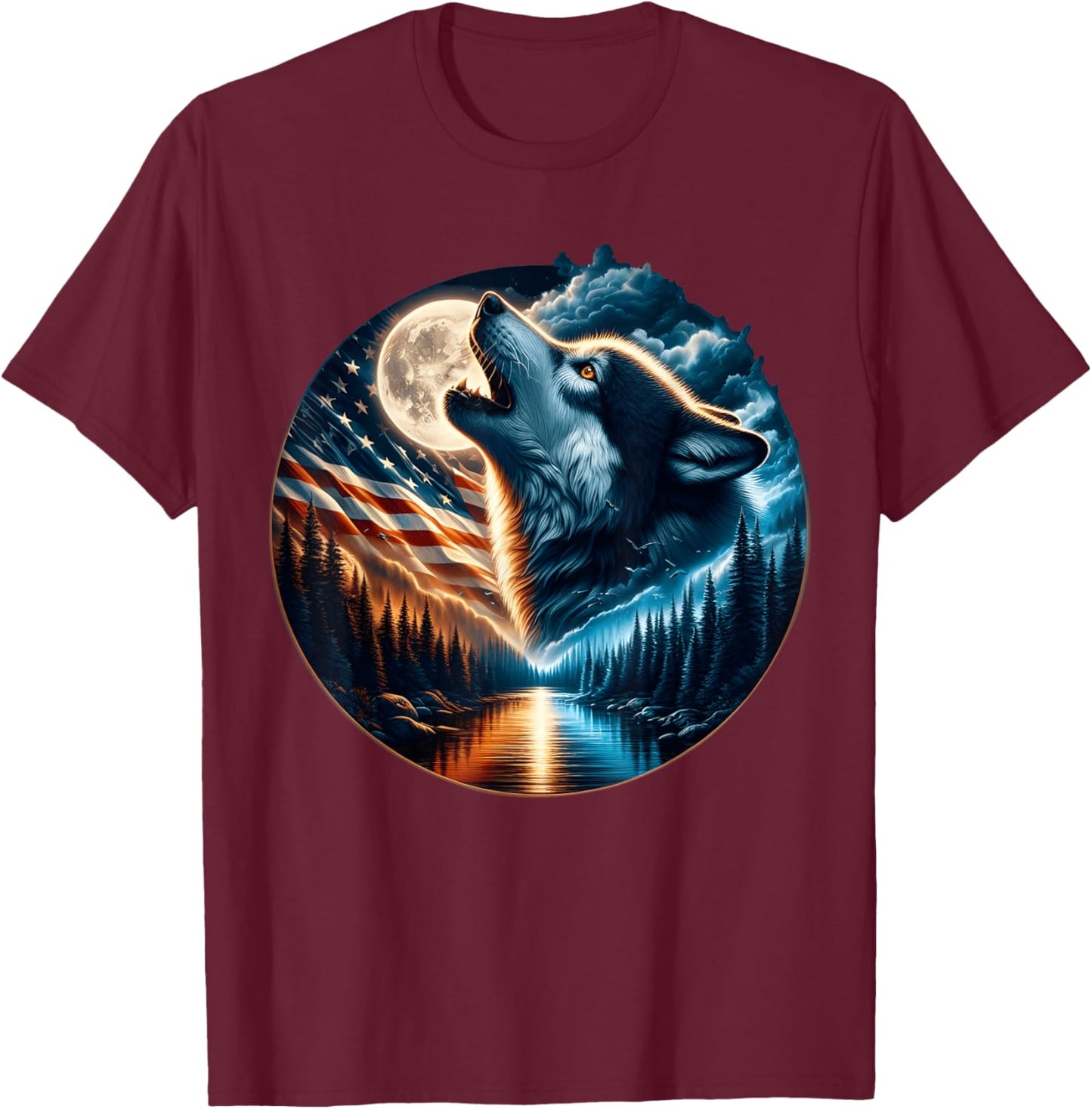 Wolf Howling Moon Wolves 4th of July American Flag Wildlife T-Shirt - T-Shirt | Maroon