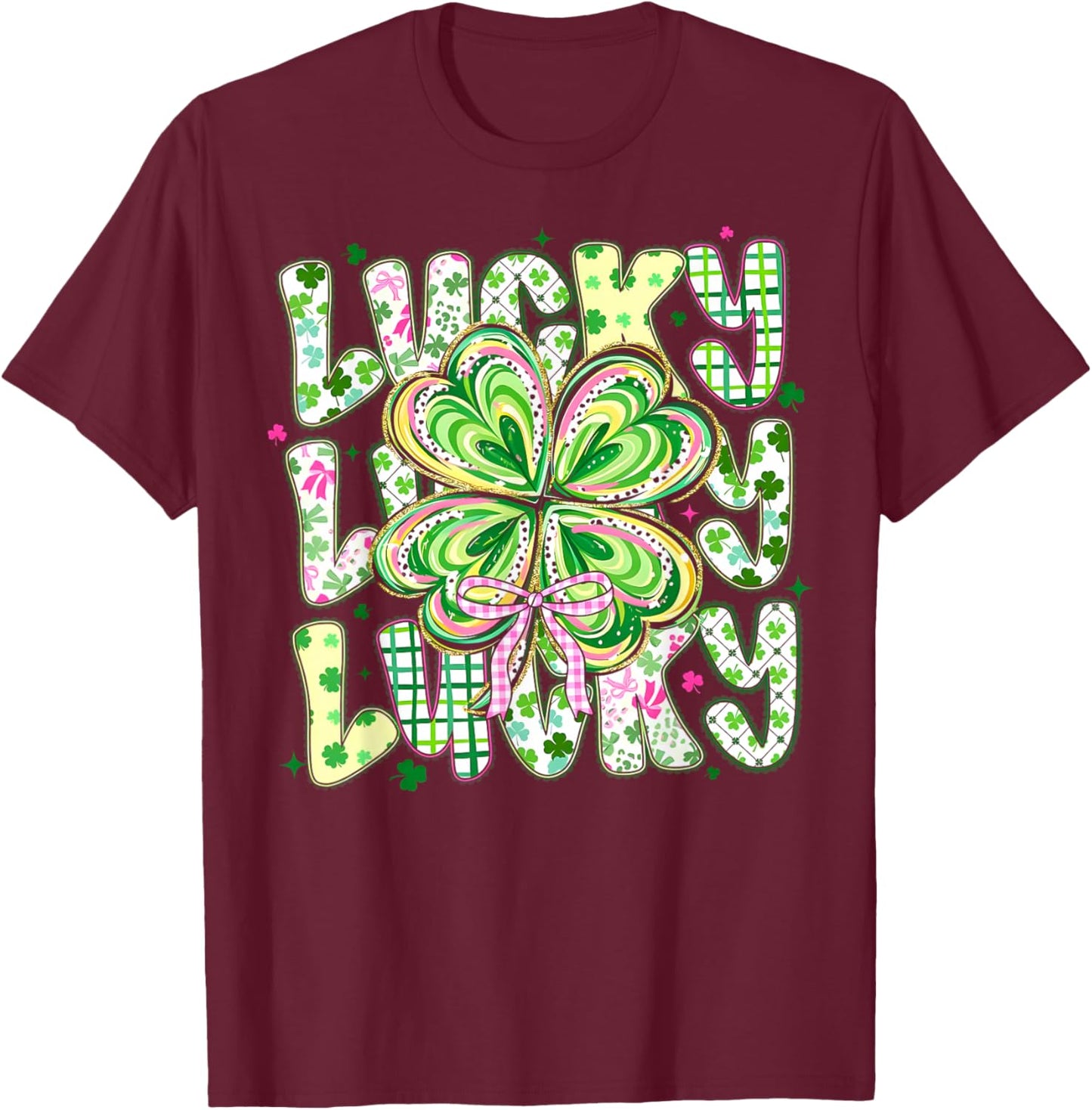 St Pattys Day Lucky Coquette Bow Shamrock St. Patrick's Day T-Shirt - T-Shirt | Maroon