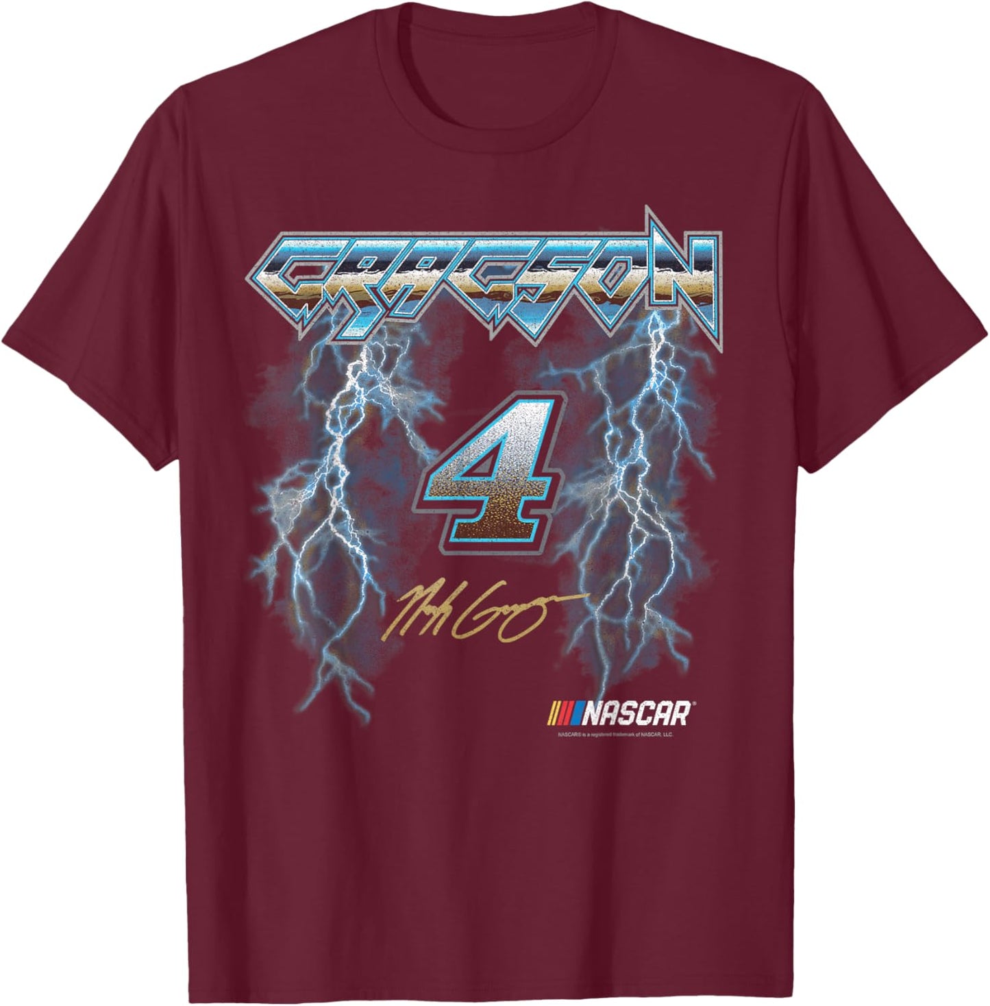 NASCAR Noah Gragson No. 4 Lightning Metalic Neon Blue Text T-Shirt - T-Shirt | Maroon