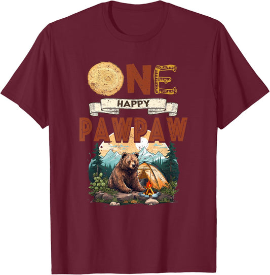 One Happy Pawpaw Camper 1St Birthday Camping Bear T-Shirt - T-Shirt | Maroon