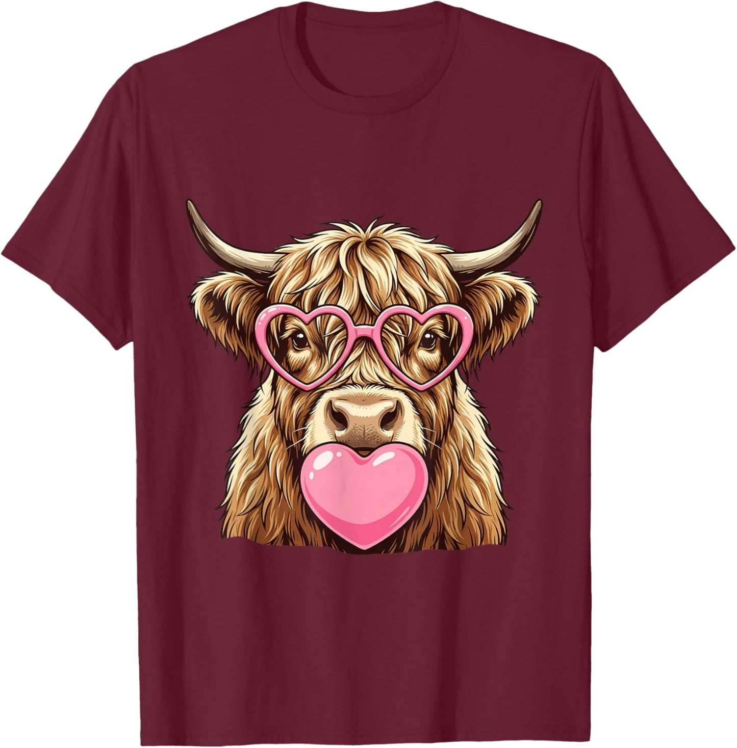 Cute Highland Cow Blowing Pink Valentine Heart Bubble Gum T-Shirt - T-Shirt | Maroon