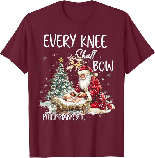 Every Knee Shall Bow Jesus Christian Christmas Santa Pajamas T-Shirt - T-Shirt | Maroon