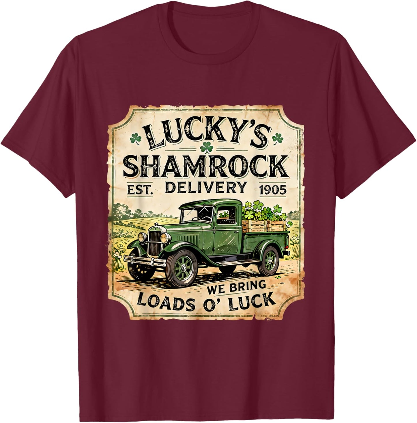 Lucky Shamrock Delivery Vintage Irish Truck Design T-Shirt - T-Shirt | Maroon