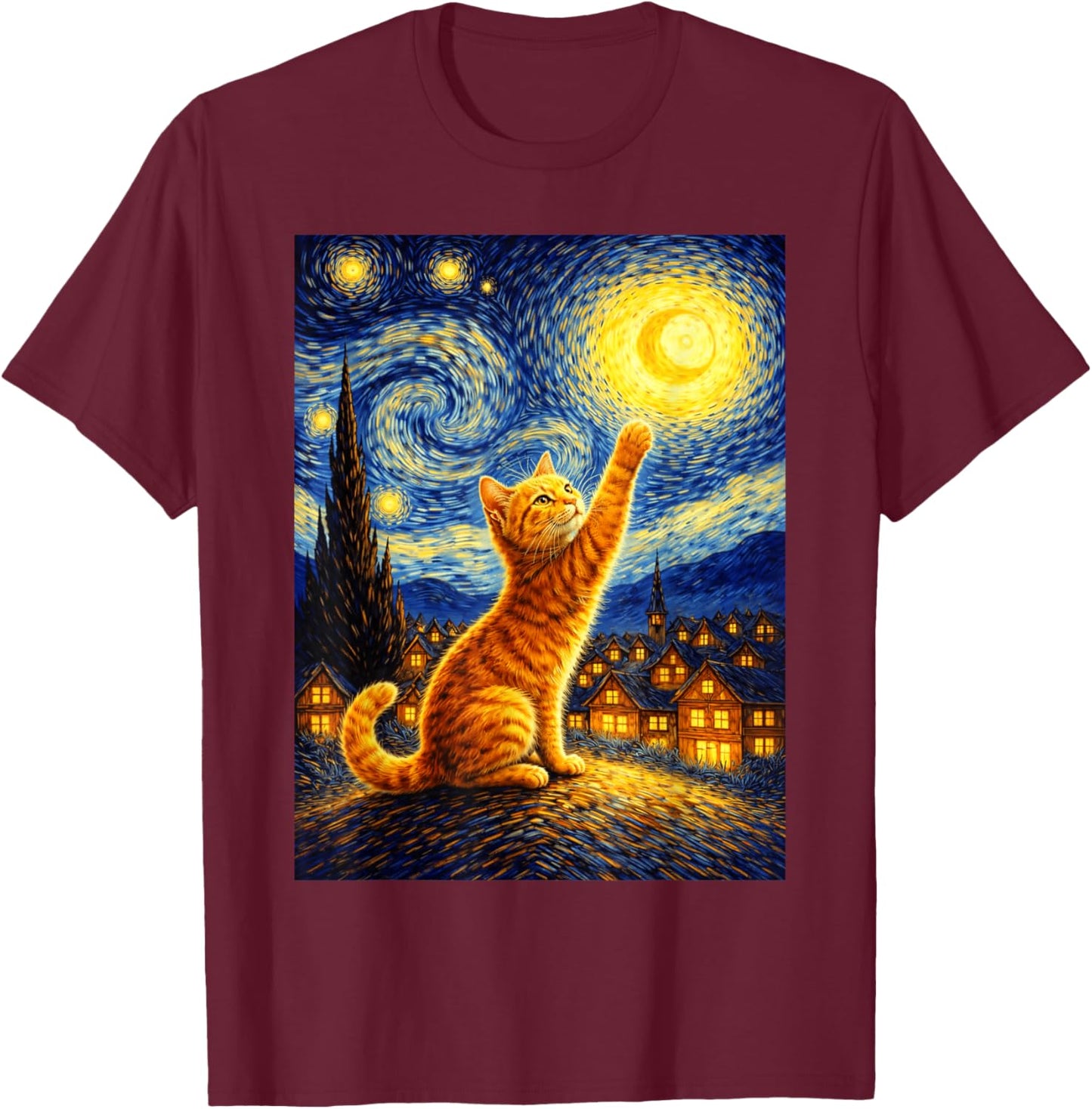Cat Style Starry Night Art Funny Graphic T-Shirt - T-Shirt | Maroon