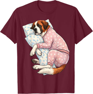 Cute Saint Bernard Dog Sleeping in Pajamas Bedtime Art T-Shirt - T-Shirt | Maroon