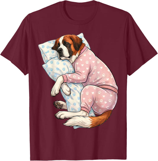 Cute Saint Bernard Dog Sleeping in Pajamas Bedtime Art T-Shirt - T-Shirt | Maroon