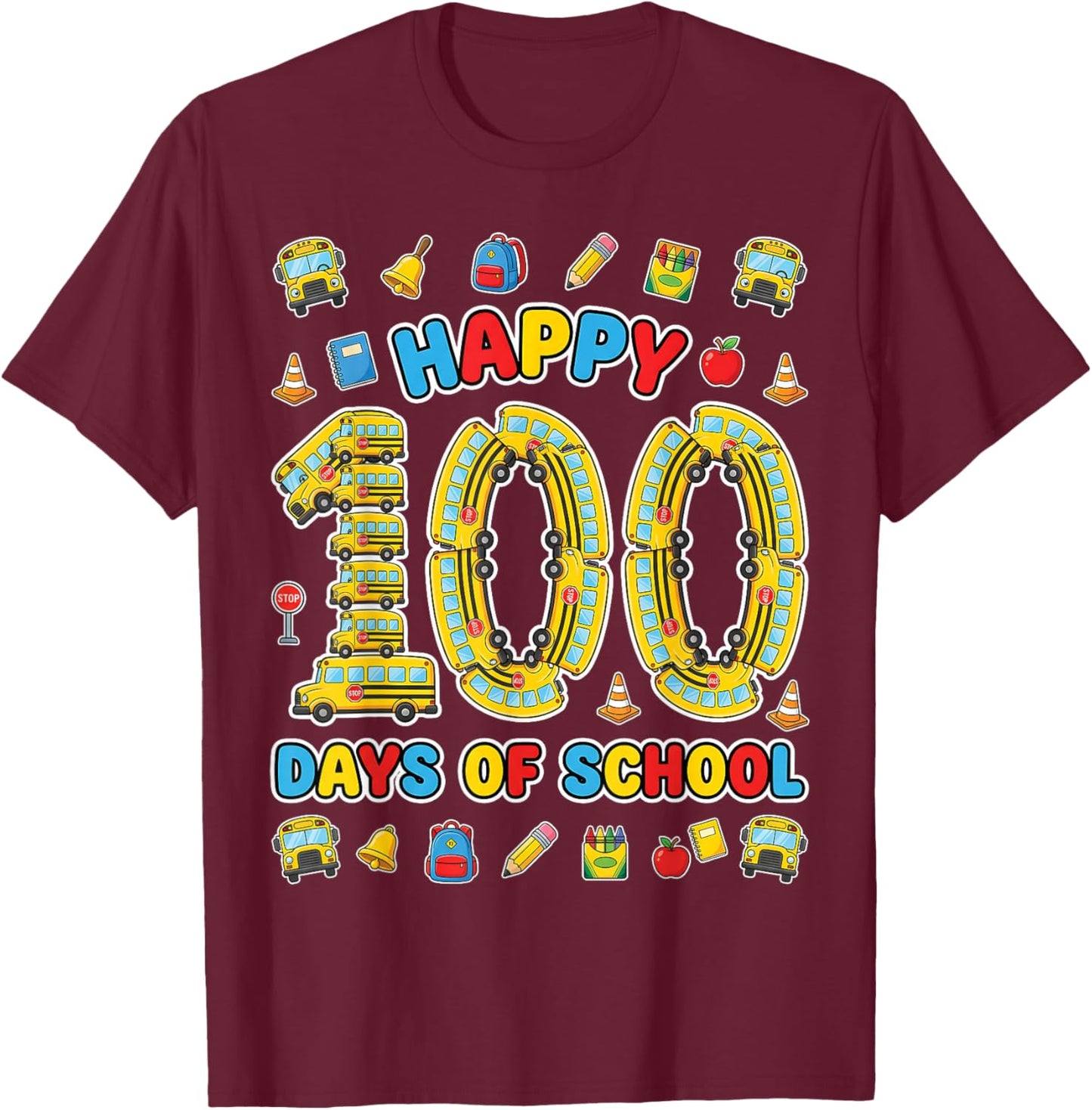 Happy 100th Day of School Bus Driver 100 Days of School Kids T-Shirt - T-Shirt | Maroon