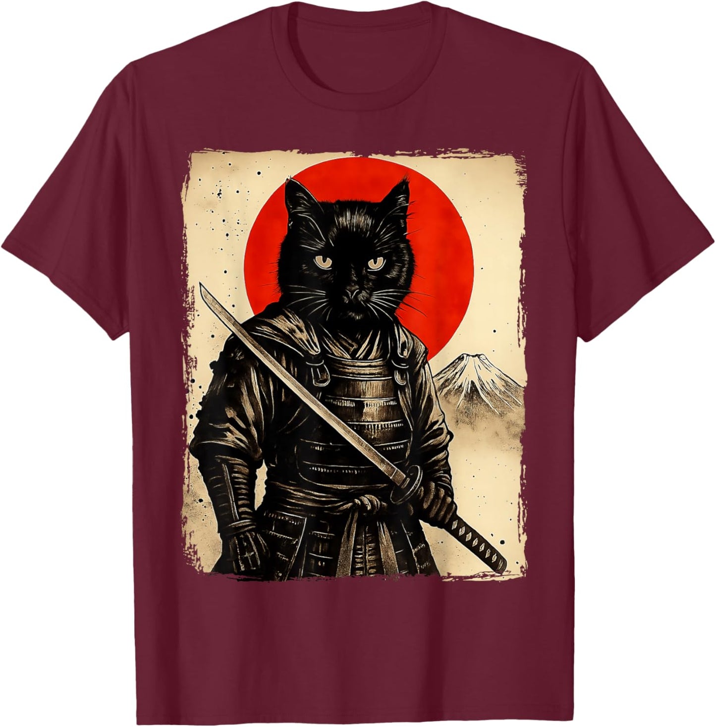 Cat Samurai Japanese Sword Anime Cat T-Shirt - T-Shirt | Maroon