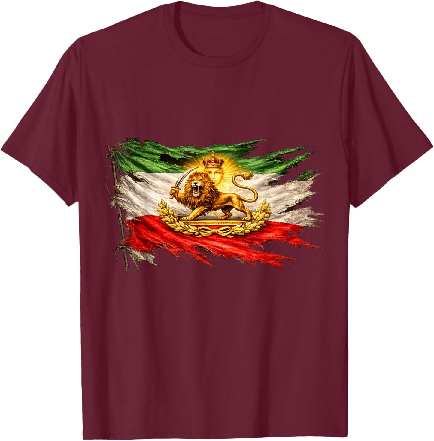 Iran Flag with Lion and Sun Emblem, Vintage Persian Heritage T-Shirt - T-Shirt | Maroon