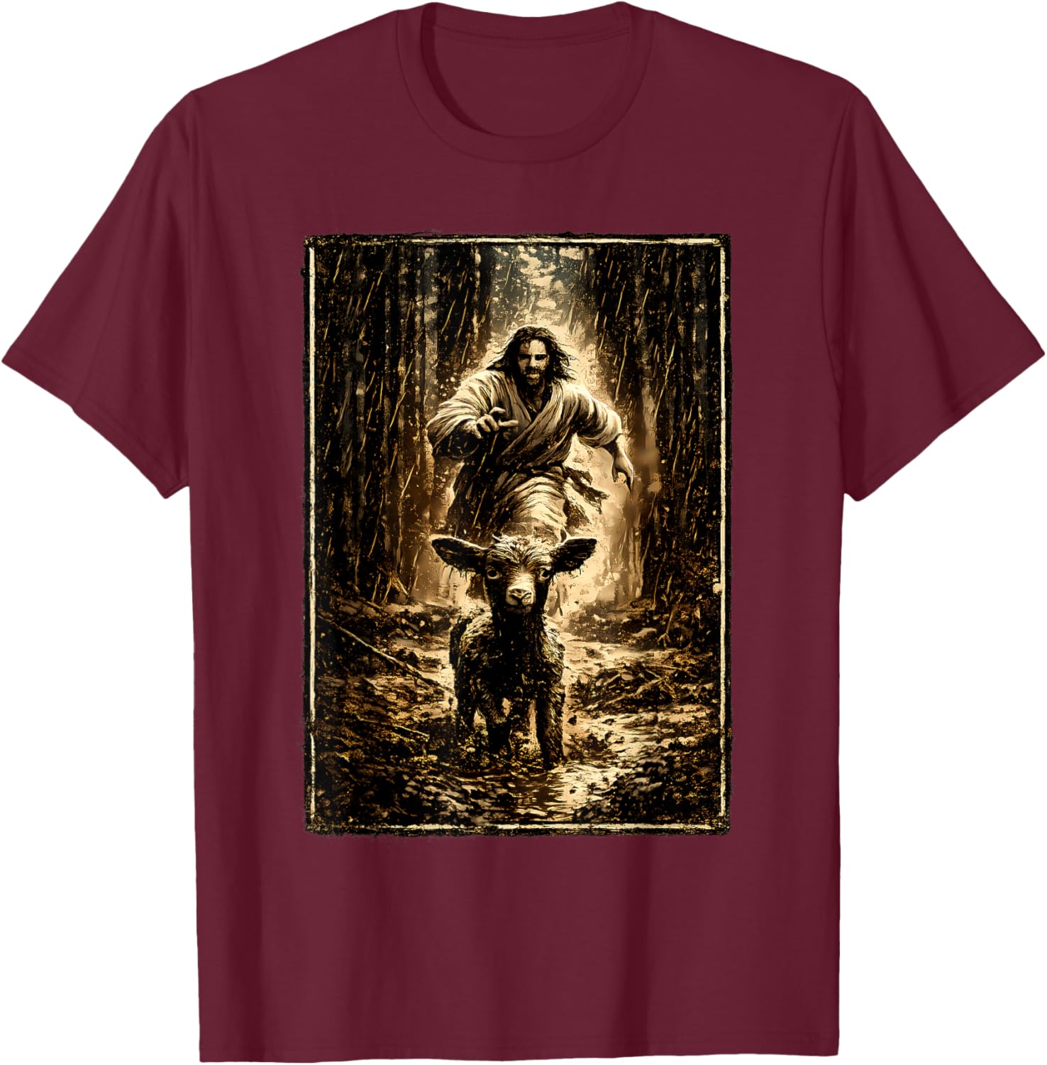 Jesus Chasing Lamb T-Shirt - T-Shirt | Maroon