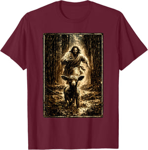 Jesus Chasing Lamb T-Shirt - T-Shirt | Maroon