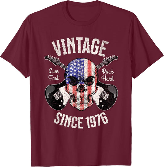 50th Birthday Guitar Vintage Rock and Roll Skull Guitarist T-Shirt - T-Shirt | Maroon