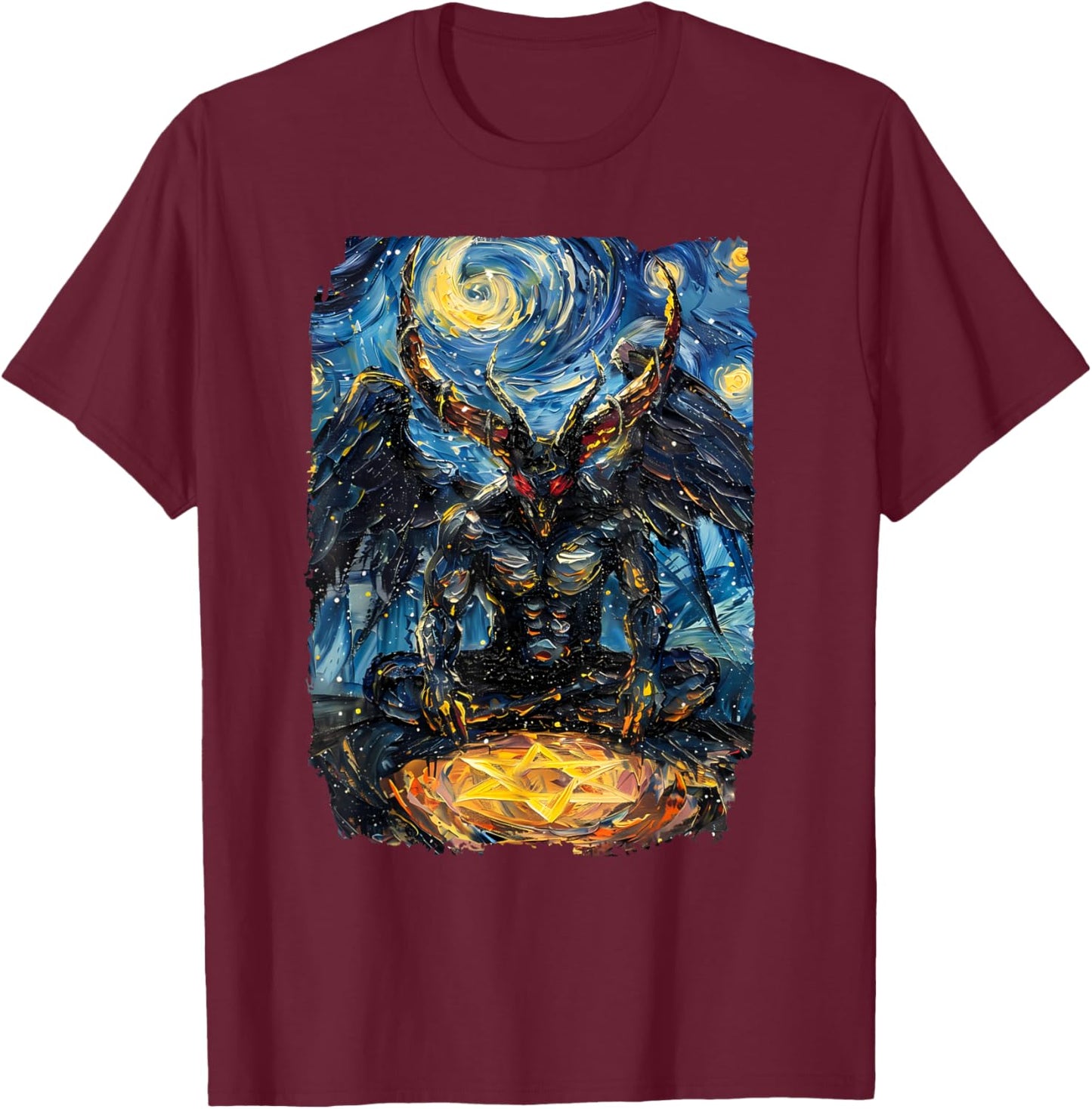 Occult Baphomet Starry Nights Goat Pentagram T-Shirt - T-Shirt | Maroon