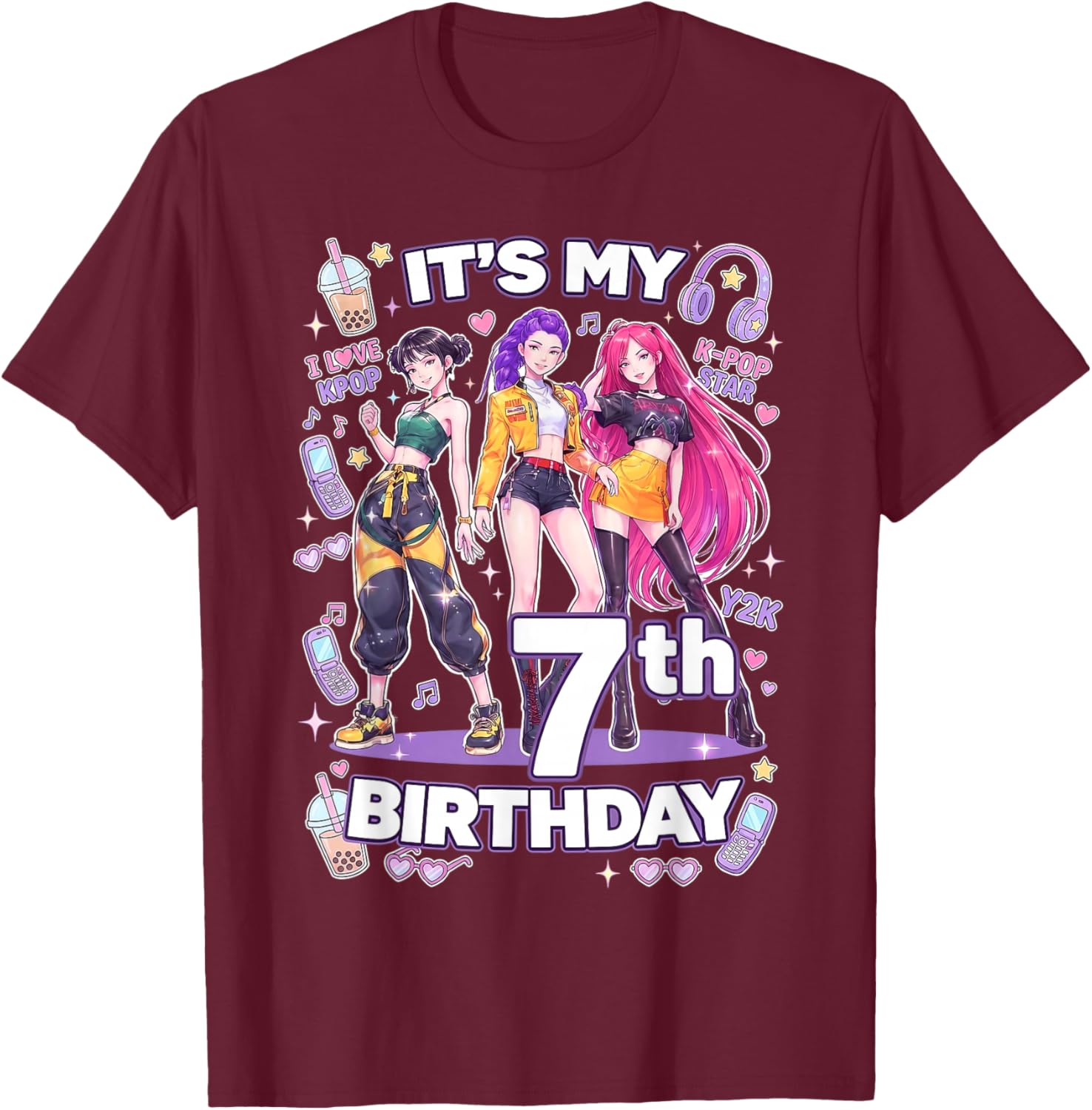 7th Birthday 7 Year Old Girl Korean Pop Kpop Bday Party T-Shirt - T-Shirt | Maroon
