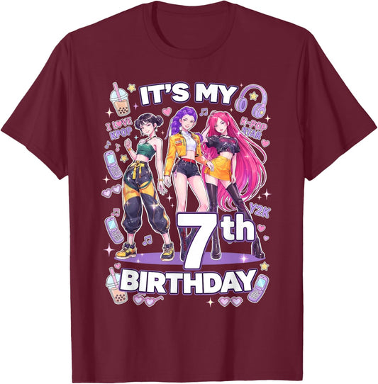 7th Birthday 7 Year Old Girl Korean Pop Kpop Bday Party T-Shirt - T-Shirt | Maroon