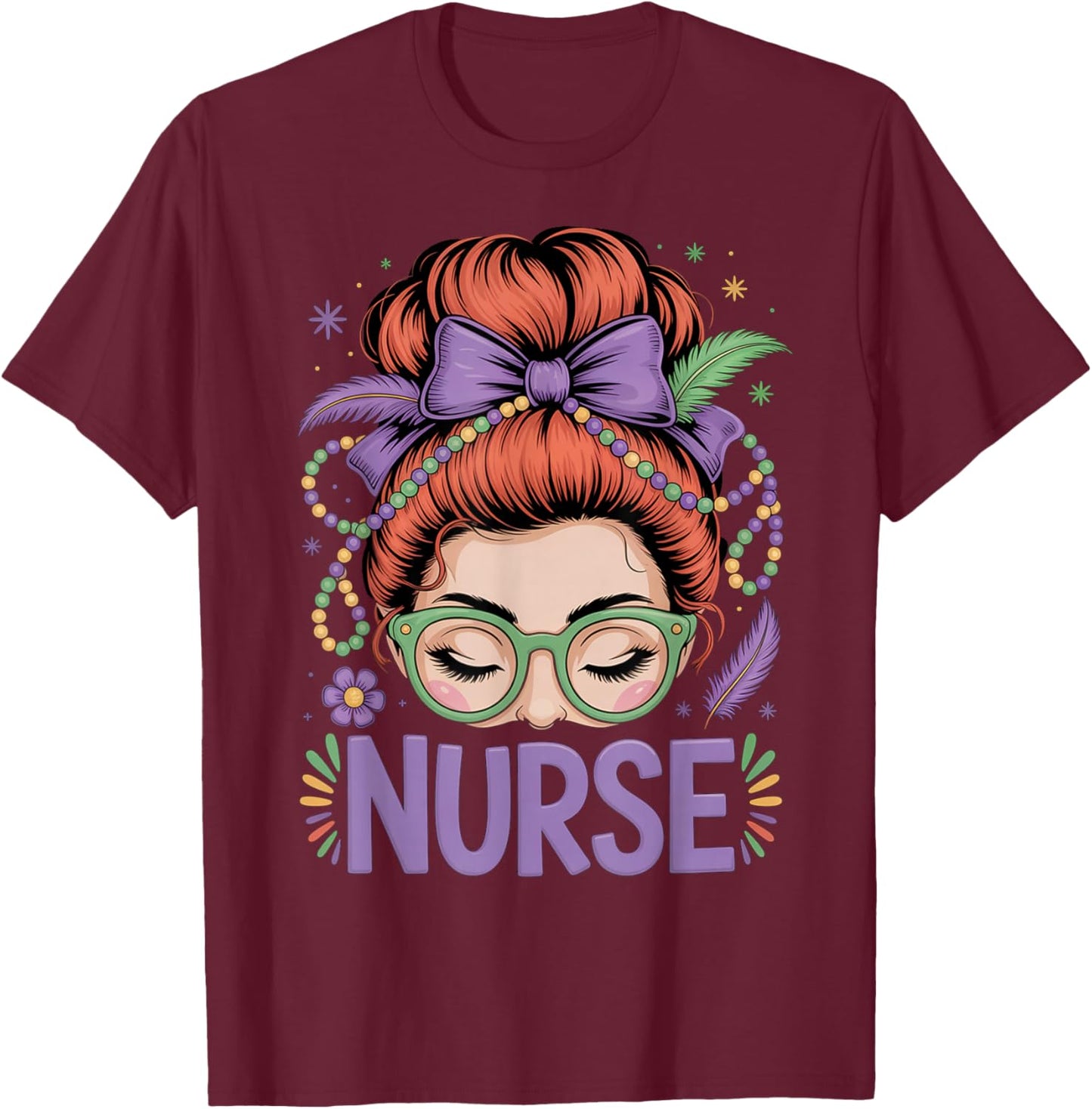 Redhead Nurse Mardi Gras Nursing Student RN LPN CNA HHA NP T-Shirt - T-Shirt | Maroon