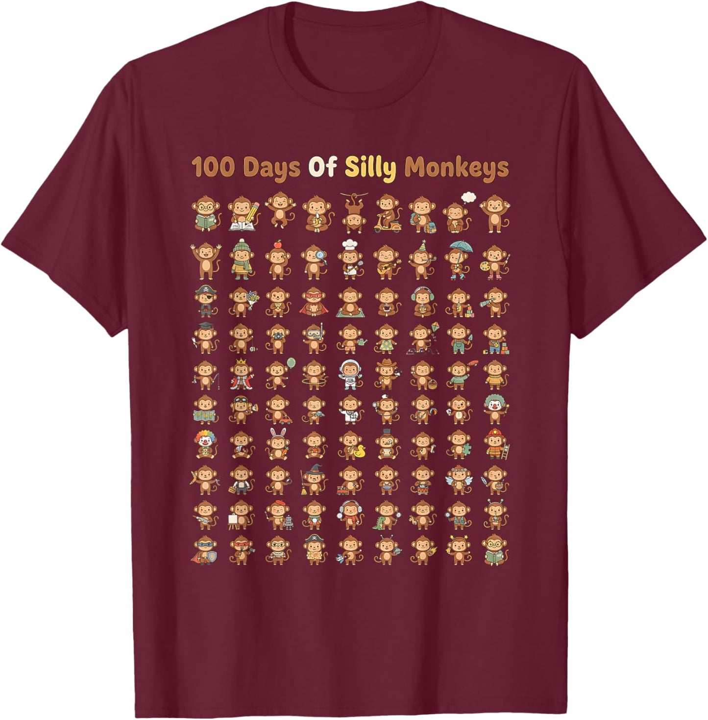 Funny 100th Day of School Teacher 100 Days of Silly Monkeys T-Shirt - T-Shirt | Maroon