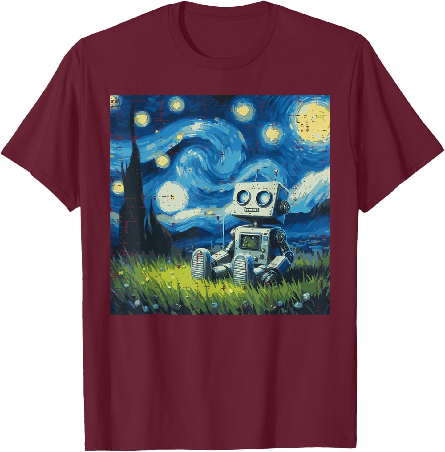 Starry Night Robot Funny Painting Art Meme Kids Men Women T-Shirt - T-Shirt | Maroon