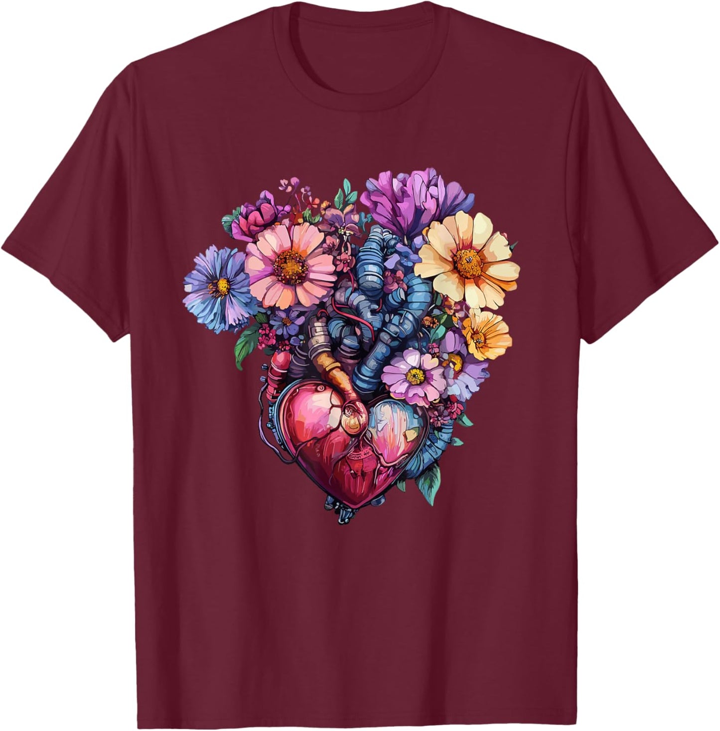 Anatomical Heart with Colorful Wildflowers T-Shirt - T-Shirt | Maroon