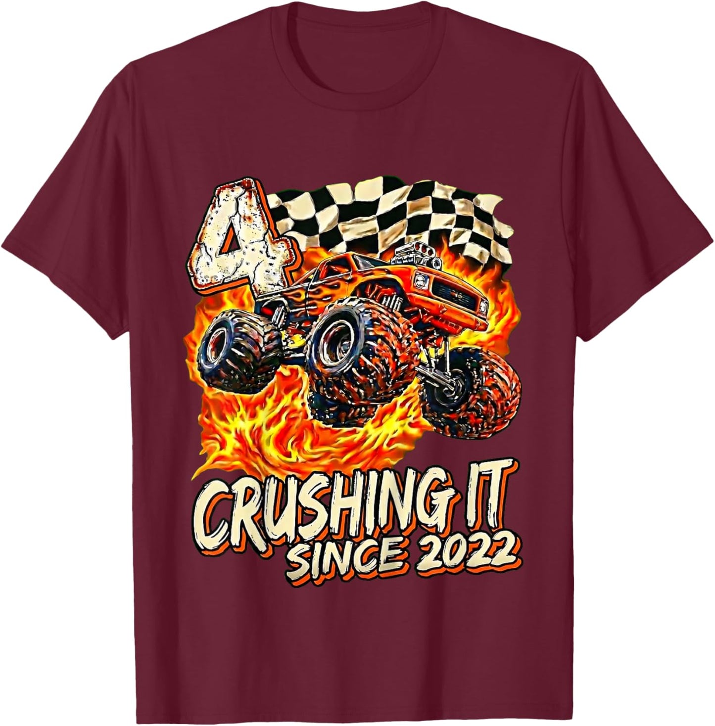 Kids Birthday Monster Truck Boy 4 Year Old Crushing It Since 2022 T-Shirt - T-Shirt | Maroon