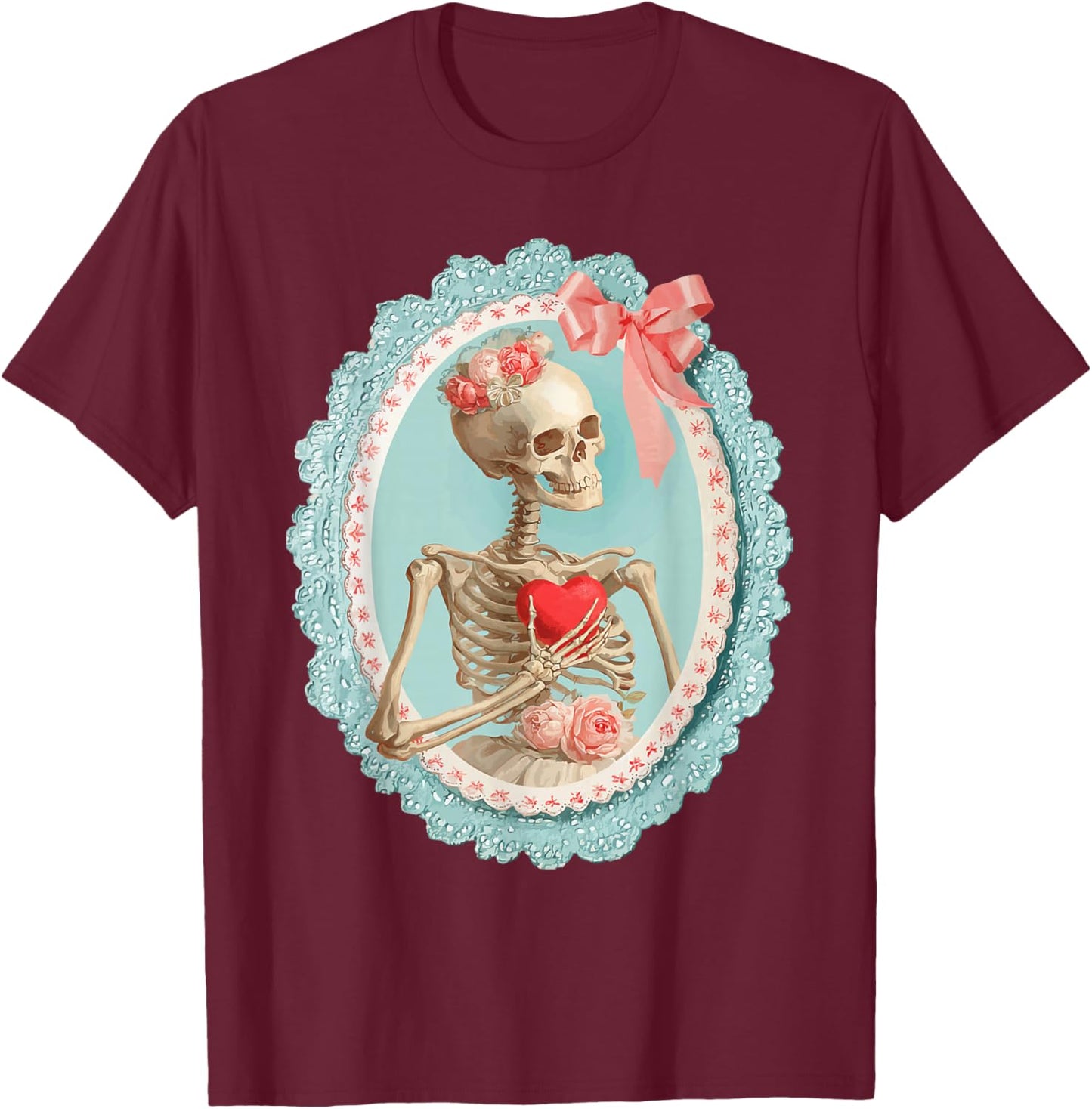 Skeleton with Heart Victorian Gothic Romantic Valentines Day T-Shirt - T-Shirt | Maroon