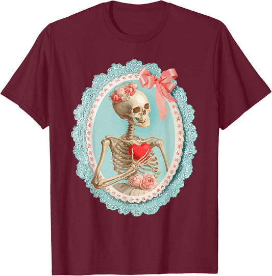 Skeleton with Heart Victorian Gothic Romantic Valentines Day T-Shirt - T-Shirt | Maroon