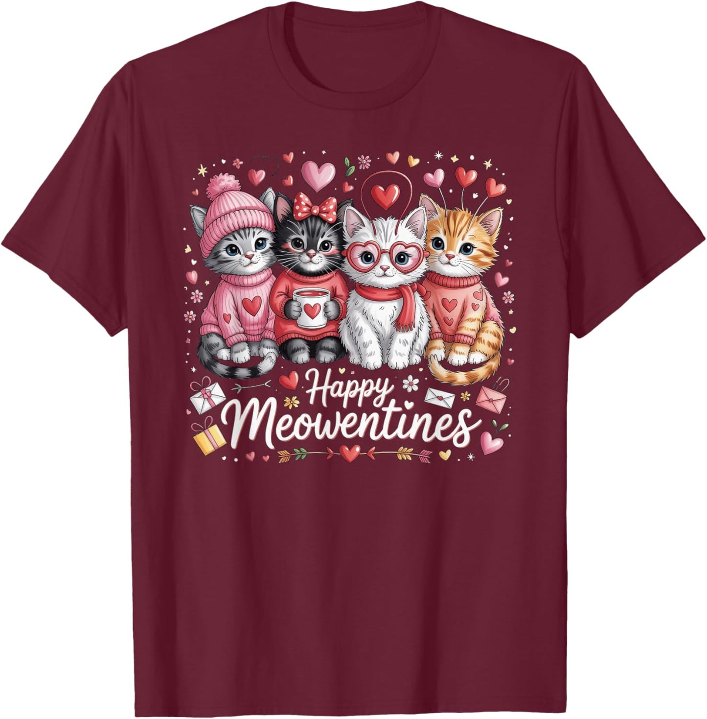 Happy Meowentines Valentine Cat Lovers T-Shirt - T-Shirt | Maroon