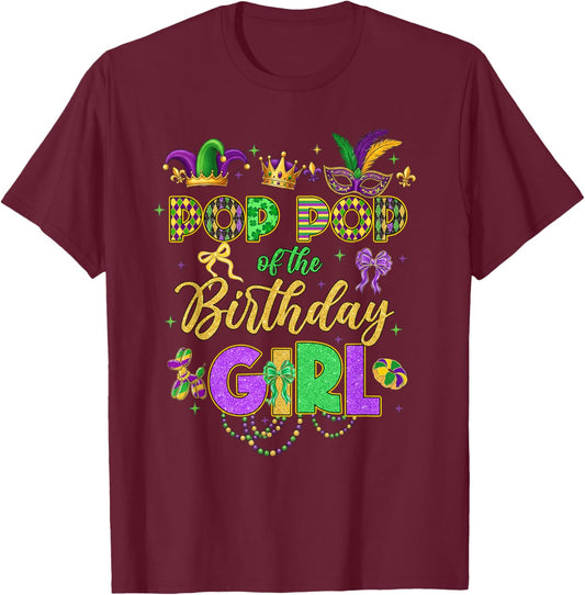Pop Pop of The Birthday Girl Coquette Bow Mardi Gras Party T-Shirt - T-Shirt | Maroon