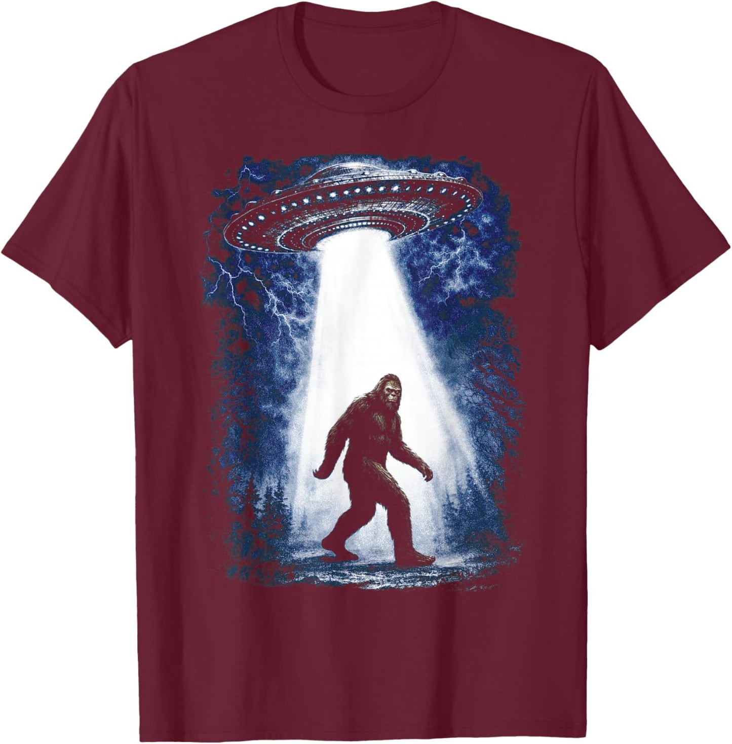 Bigfoot UFO Abduction Funny Sasquatch Alien Flying Saucer T-Shirt - T-Shirt | Maroon