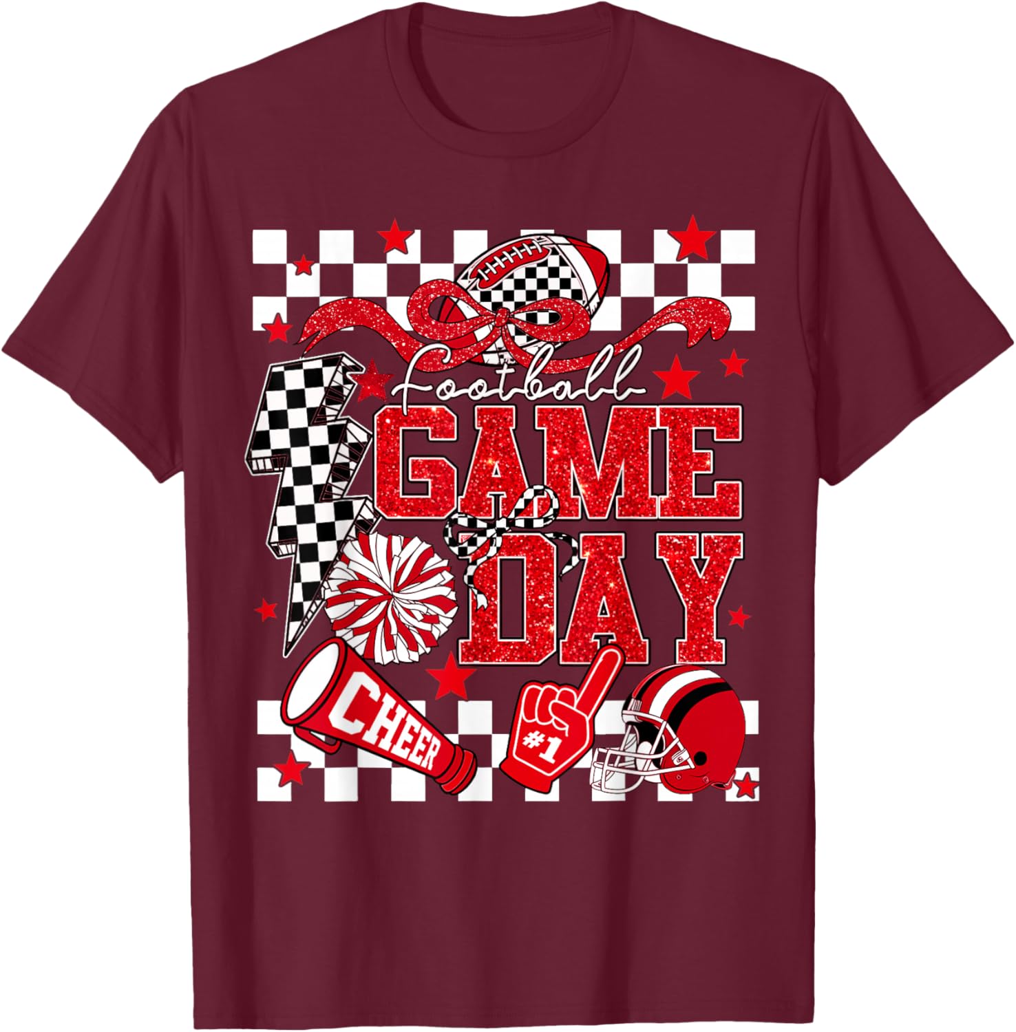 Game Day Football Red Black Touchdown Dad Mom Girls Go Cheer T-Shirt - T-Shirt | Maroon