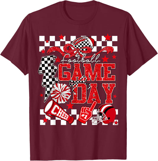 Game Day Football Red Black Touchdown Dad Mom Girls Go Cheer T-Shirt - T-Shirt | Maroon