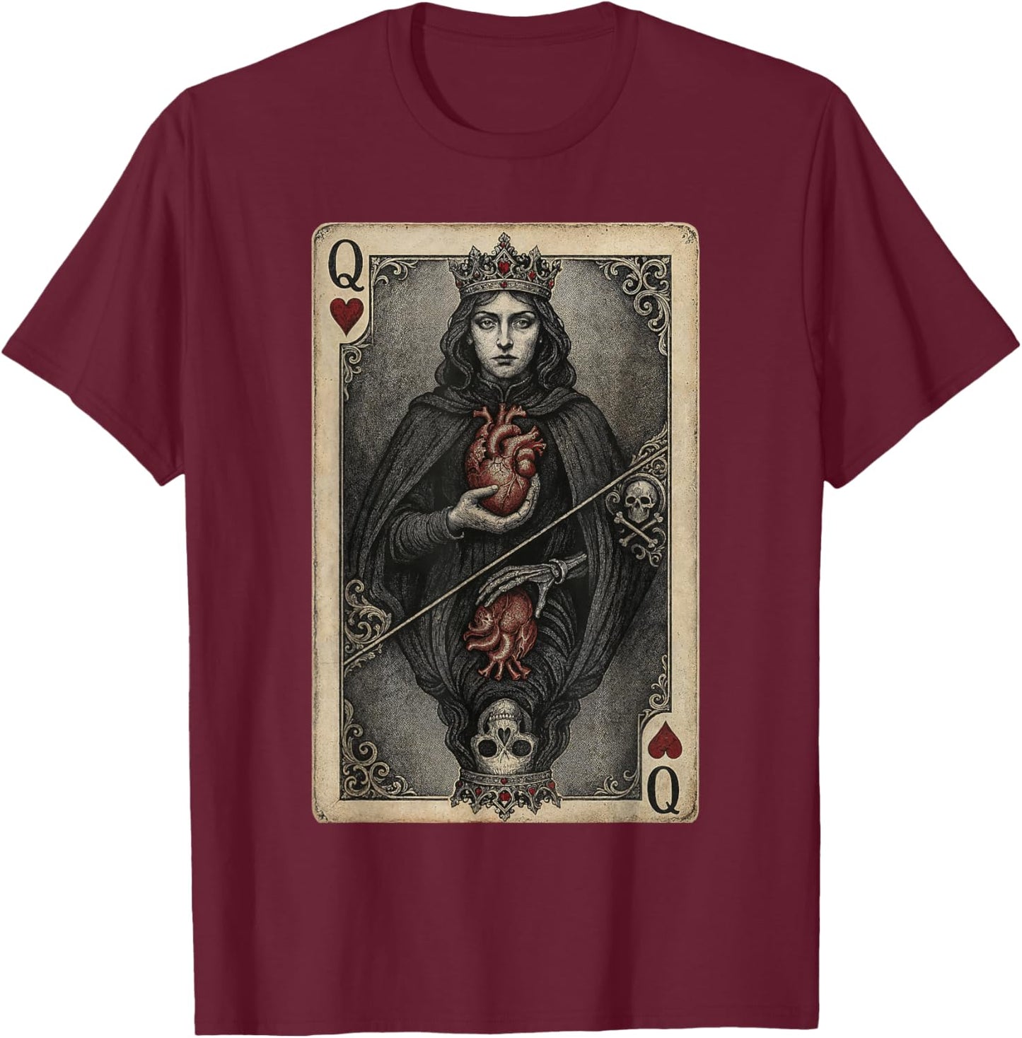 Vintage Gothic Queen of Hearts Playing Card Dark Fantasy Art T-Shirt - T-Shirt | Maroon