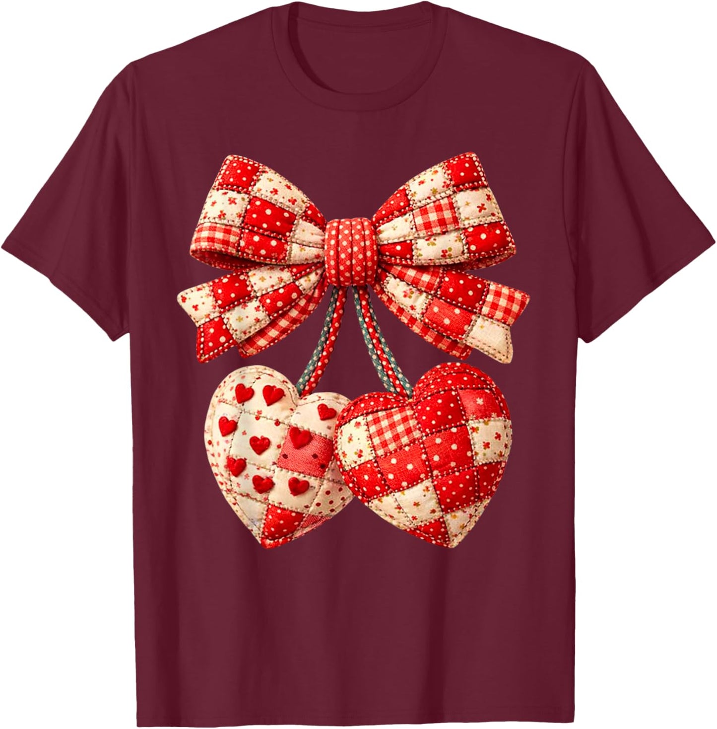 Valentine Hearts Bow Patchwork Graphic Art Romantic Quilted T-Shirt - T-Shirt | Maroon