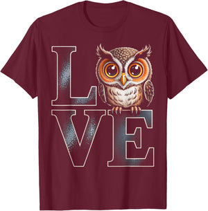 Owl Love Word Art Cute Animal Illustration T-Shirt - T-Shirt | Maroon
