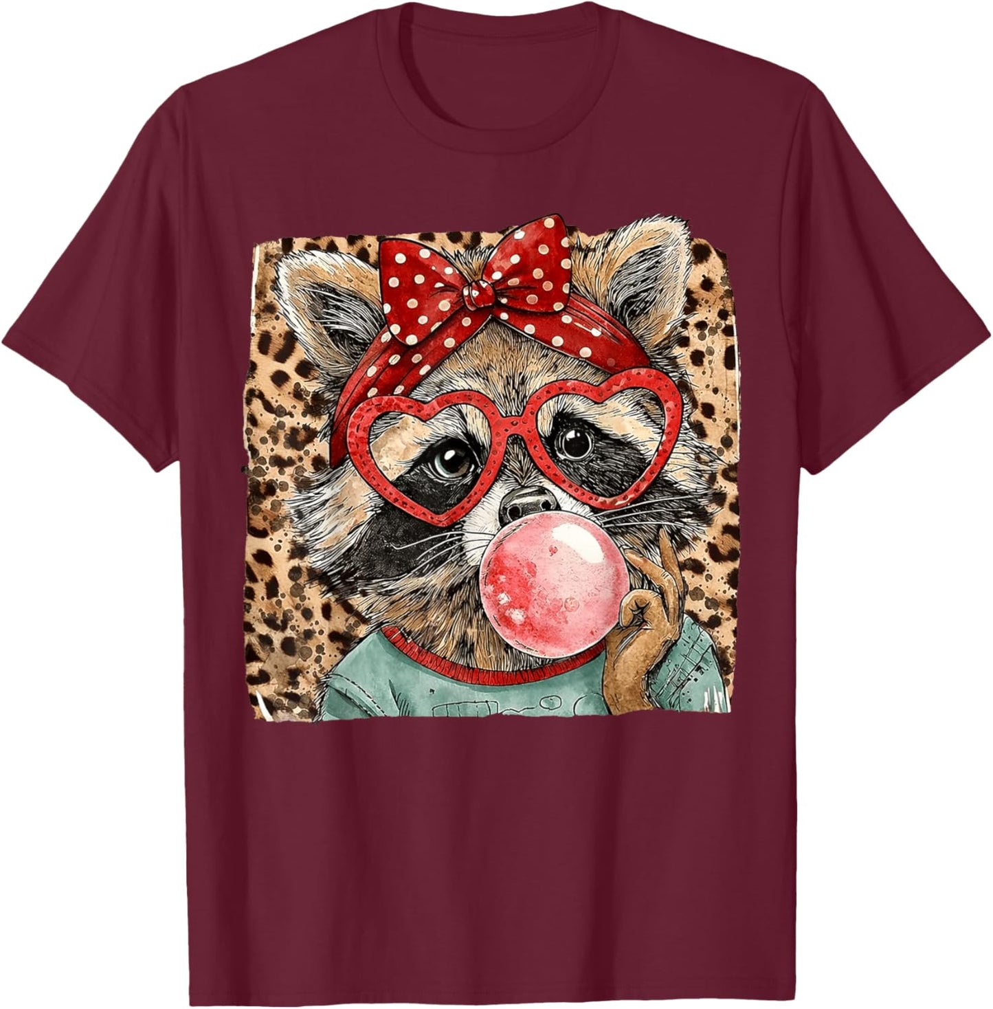 Vintage Leopard Racoon Bow Blowing Bubble Gum Valentine T-Shirt - T-Shirt | Maroon