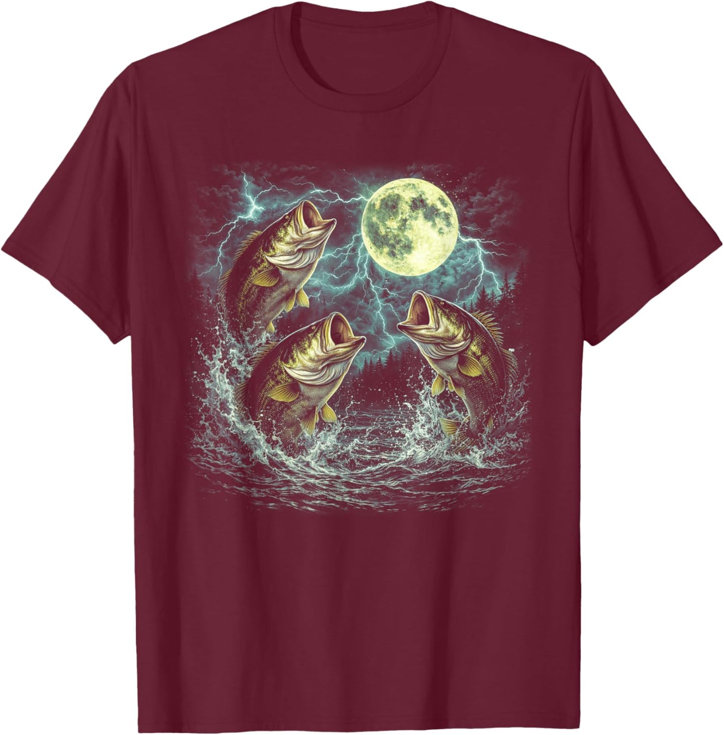 Bass Fish Howling at The Moon 90s Vintage Bass Fishing T-Shirt - T-Shirt | Maroon