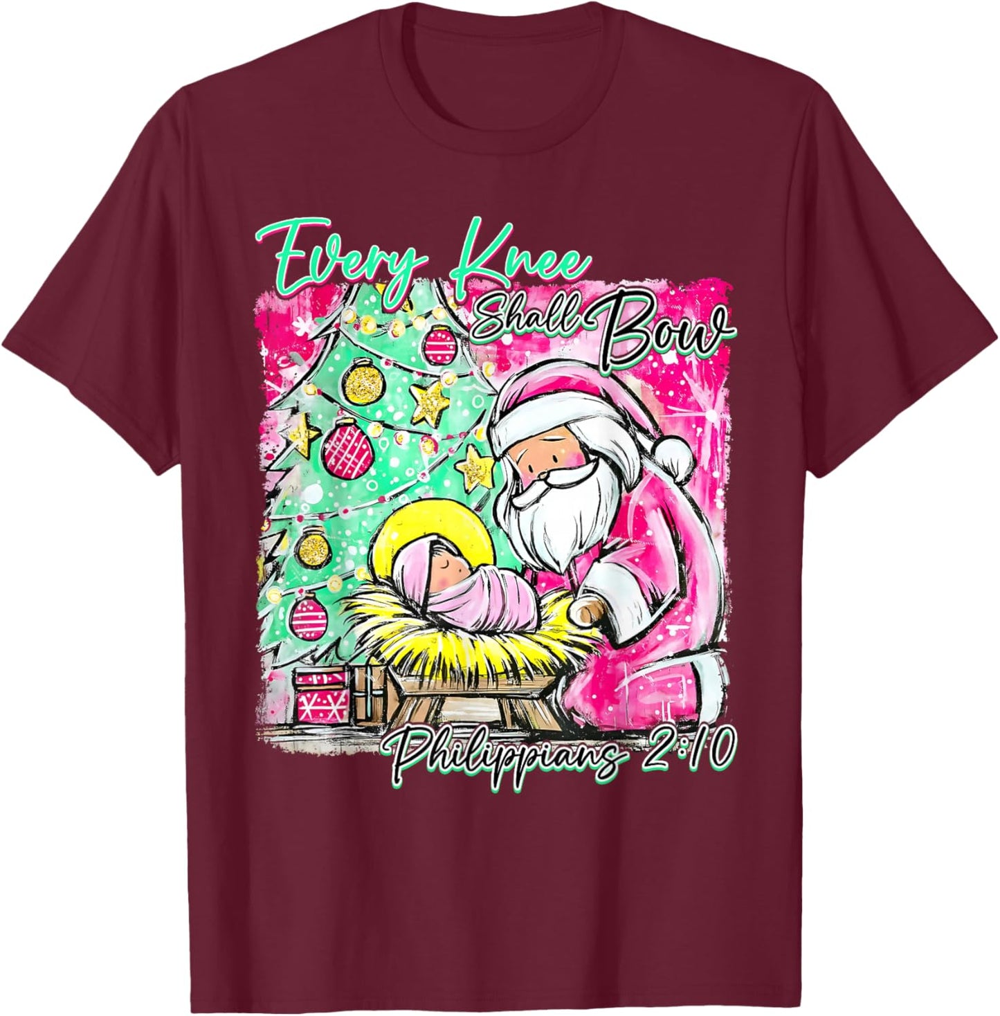 Every Knee Shall Bow Jesus Christian Christmas Santa Pajamas T-Shirt - T-Shirt | Maroon