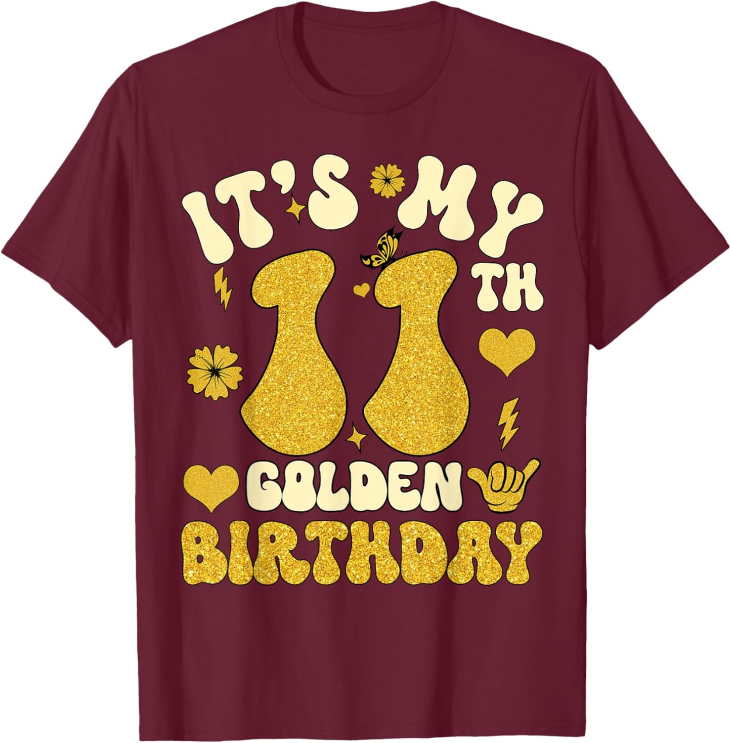 It's My 11th Golden Birthday 11 Year Old Bday Kids Groovy T-Shirt - T-Shirt | Maroon