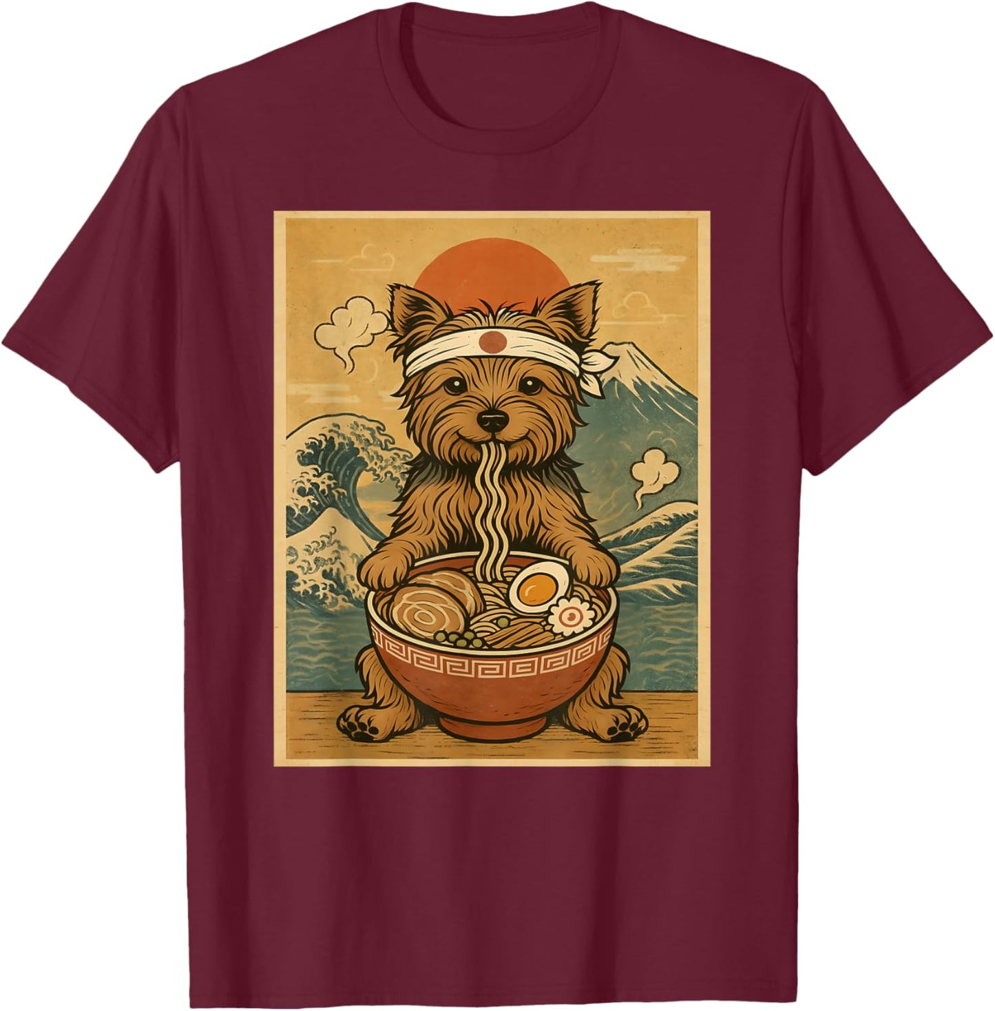 Kawaii Yorkie Dog Japanese Ramen Noodles T-Shirt - T-Shirt | Maroon