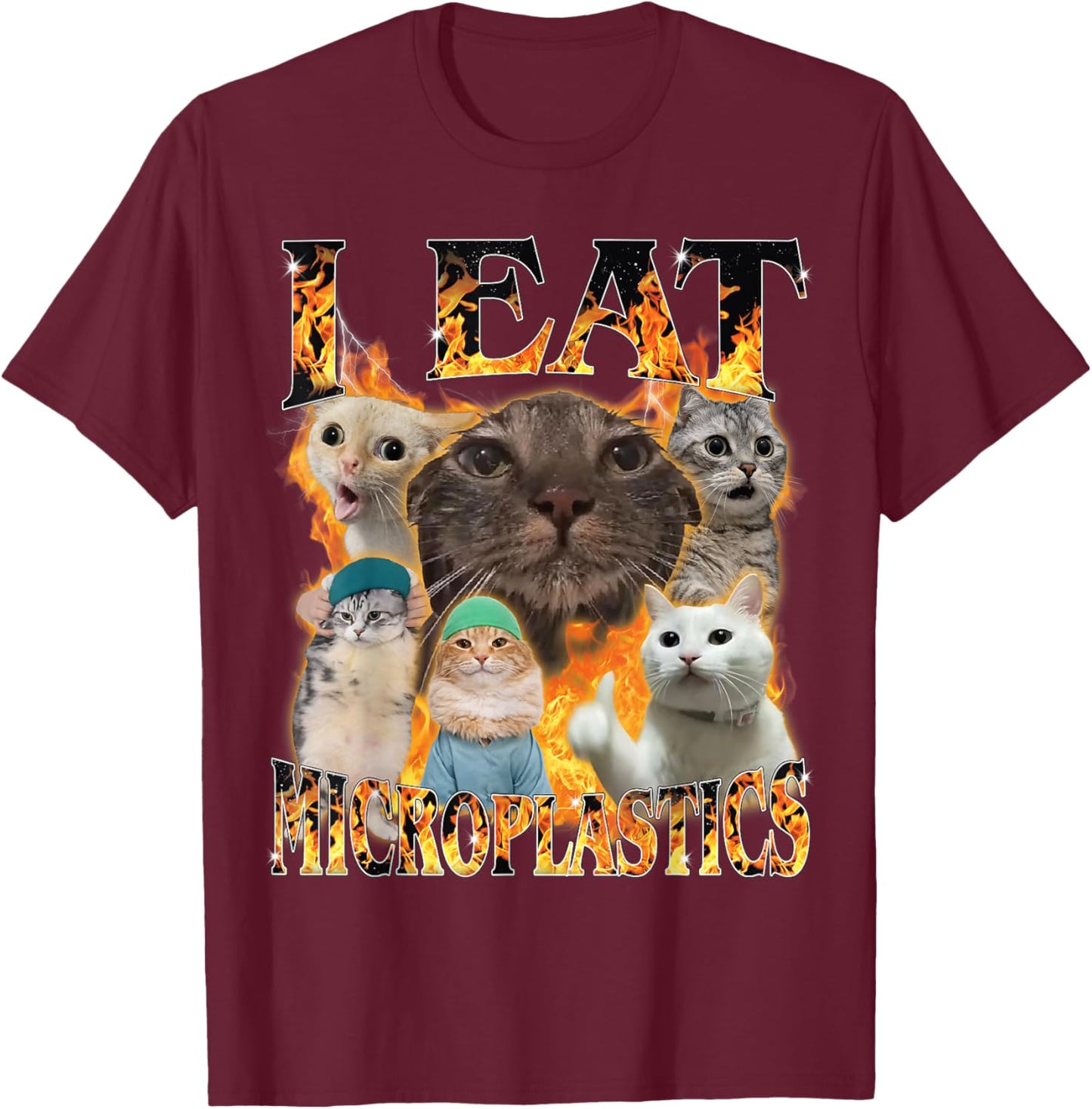 I Eat Microplastics Funny Cat Meme Bootleg Men Women T-Shirt - T-Shirt | Maroon