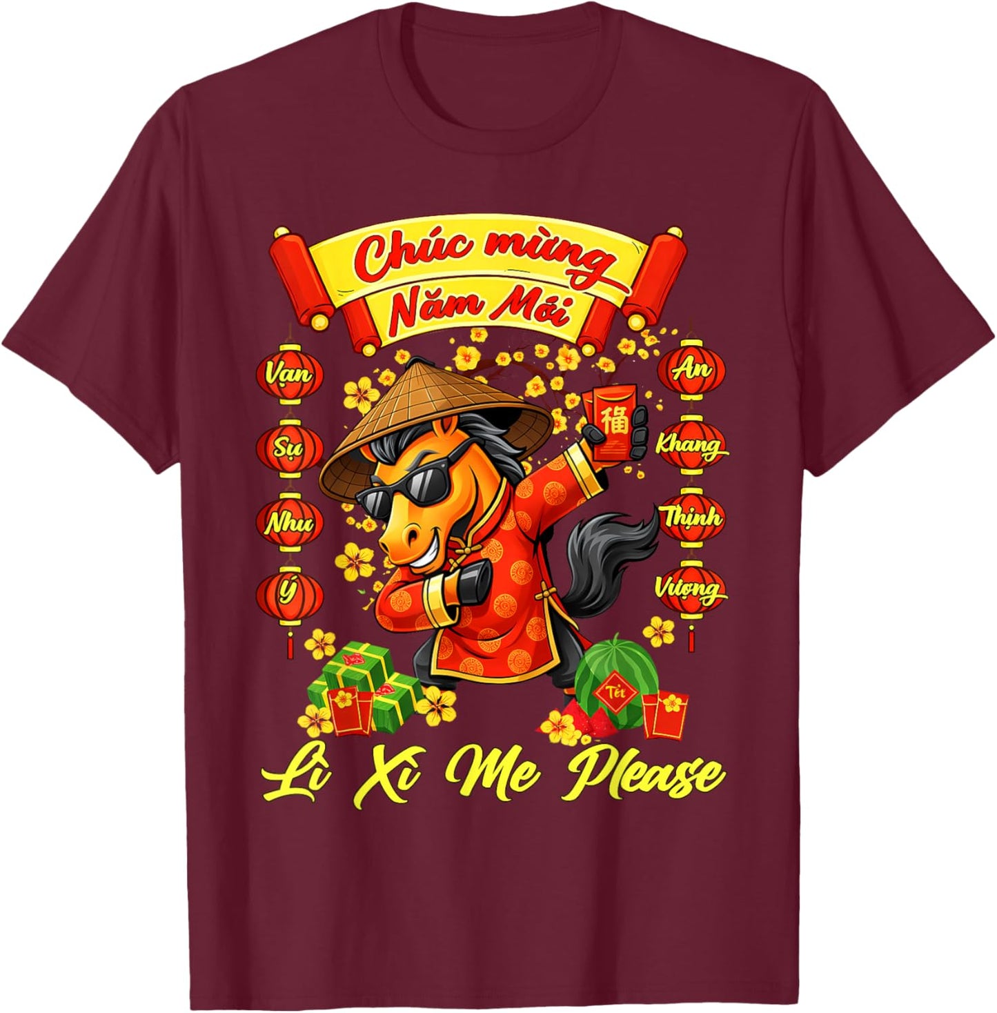 Li Xi Me Please Chuc Mung NAM Moi Vietnamese Horse Year 2026 T-Shirt - T-Shirt | Maroon