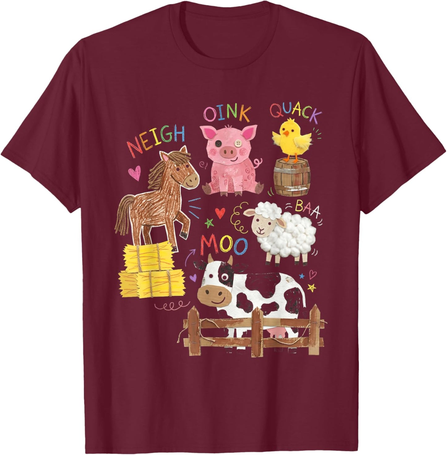 Playful Farm Animals & Sounds Kids Learning Barnyard Art T-Shirt - T-Shirt | Maroon