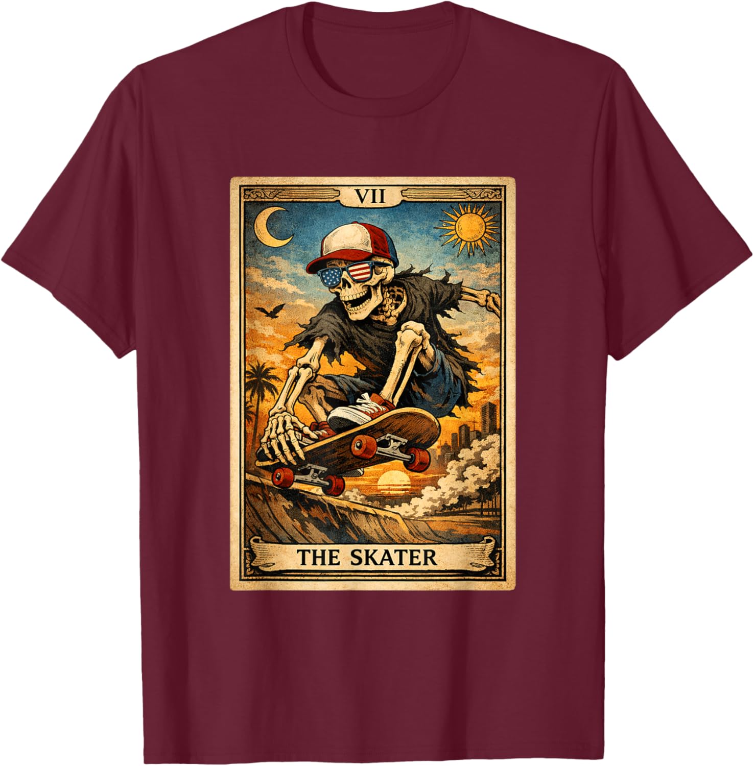 Skateboarding Boys Youth Men Skateboard Tarot Card Skater T-Shirt - T-Shirt | Maroon