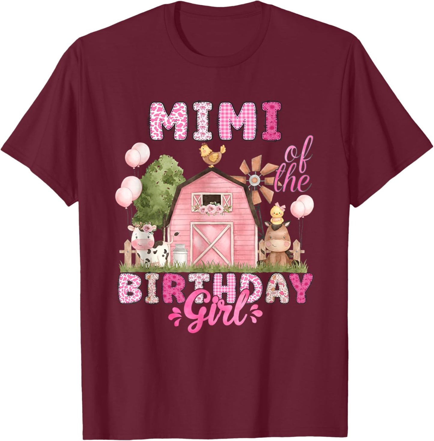 Mimi of The Birthday Girl 1St Bday Cow Farm Family T-Shirt - T-Shirt | Maroon