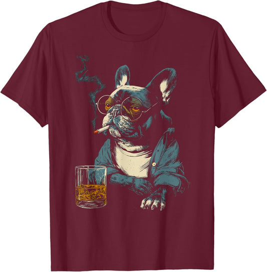 French Bulldog Smoking Cigarette Whisky Lover Funny Dog T-Shirt - T-Shirt | Maroon