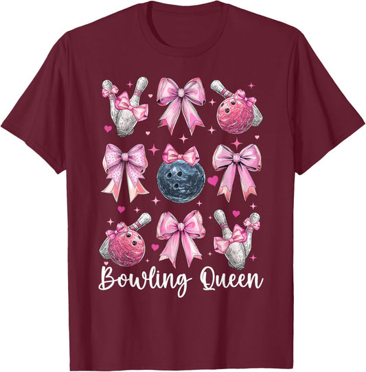 Bowling Queen Bowler Bowling Girl Mom Coquette Bow T-Shirt - T-Shirt | Maroon